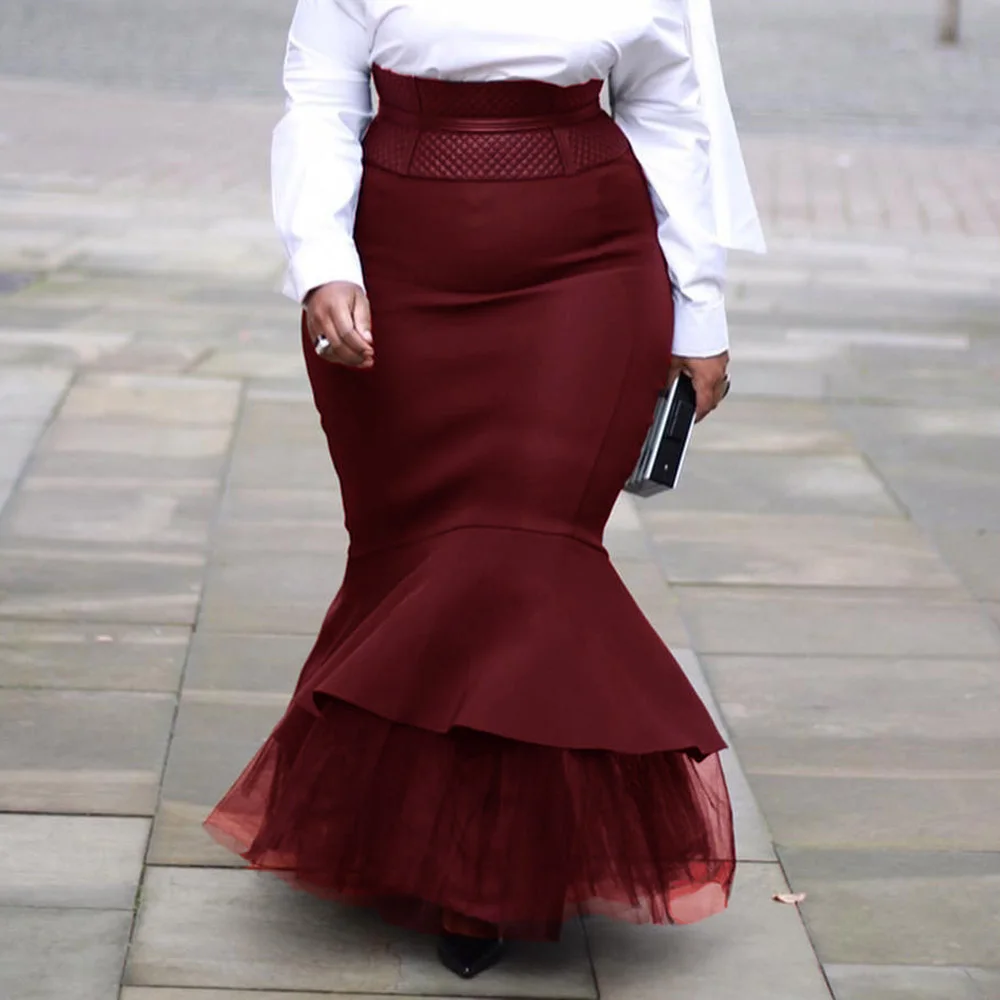 Женская черная зимняя длинная юбка русалки с сетчатыми оборками вечерние XL-5XL