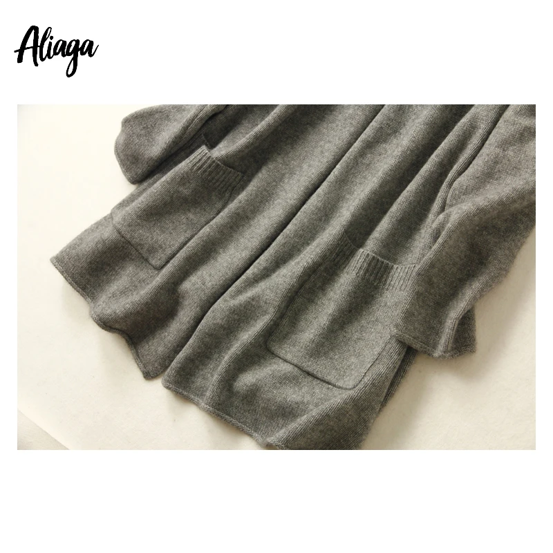 Aliaga New Arrival Pure Cashmere Cardigan Women Autumn Winter Hooded Sweater Coat With Pocket