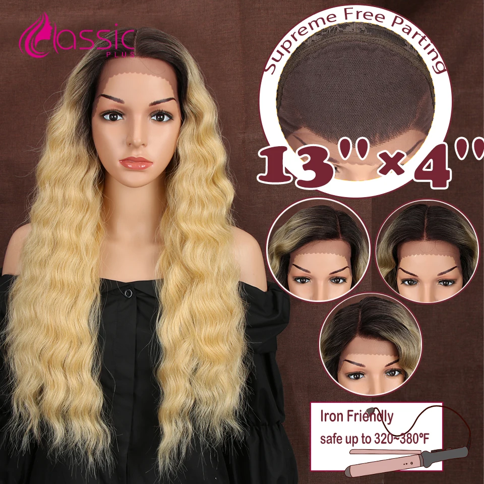 

Classic Plus 28 Inch 13x4 Lace Front Wigs with Free Part Loose Wave Wig for Women Ombre Blonde Brown Dark Roots Synthetic Wig