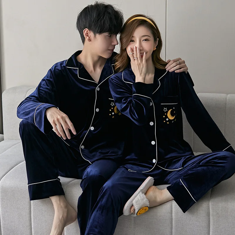 

FZSLCYIYI Autumn Winter Couple Pyjamas Gold Velvet Pajamas Lapel Korean Velour Home Wear Men's And Women's Suit Sleepwear