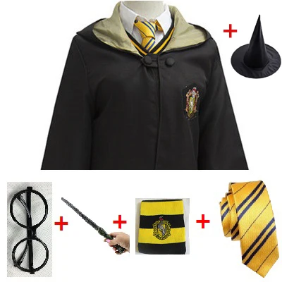 Hufflepuff 6pcs set Костюм из Поттера, одежда, галстук, шарф, палочка, очки, шляпа Ravenclaw Gryffindor Hufflepuff Slytherin Potter, косплей, халат, плащ E2103AD - Цвет: Hufflepuff 6pcs set