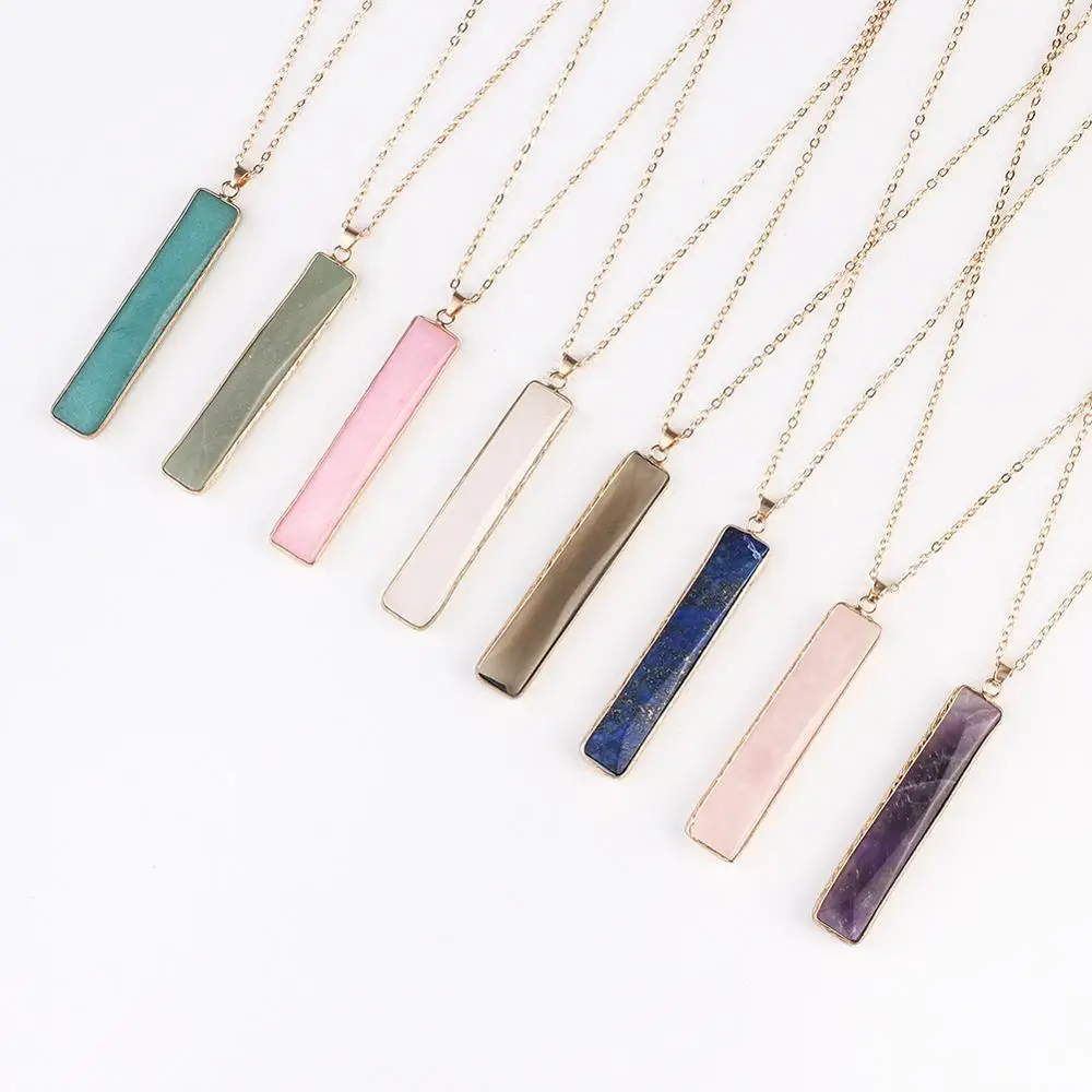 ZWPON Simple Style Natural Stone Vertical Bar Pendant Necklace Gold Border Natural Stone Pendant Necklace for Woman Gift Jewelry