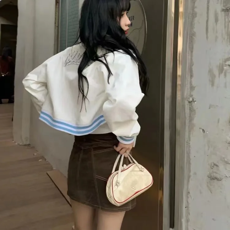 

2021 new baseball uniform white B letter Korean cardigan jacket short Harajuku jacket women's simple short jacket women's top