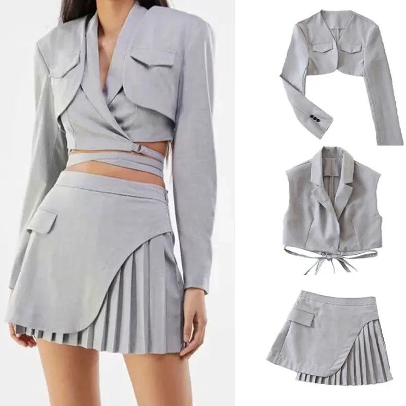 2021 Spring and Autumn New Gray Casual Suit Jacket Slim Waistcoat Frenulum Irregular Pleated Skirt High Waist A-line Skirt Suit