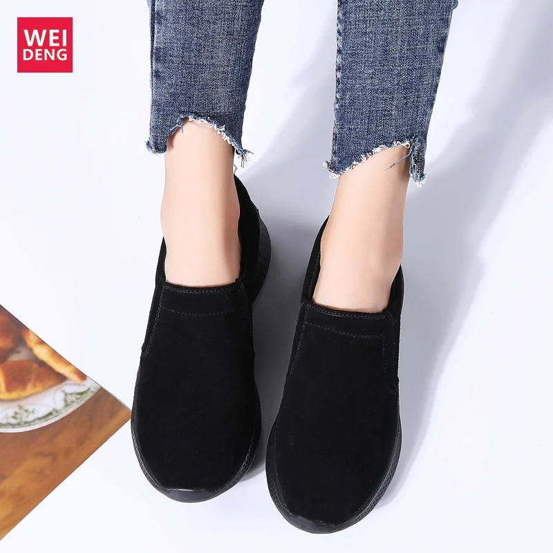 WeiDeng Women Flock Casual Shoes Leisure Retro Wedges Non Slip On Breathable Light Worm Soft Female Increased 3.5cm | Обувь