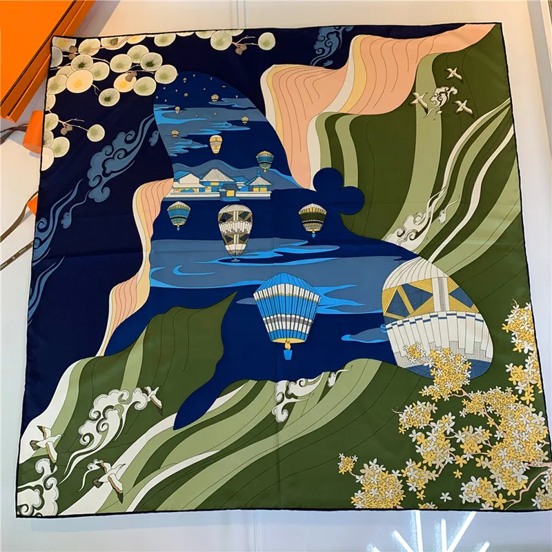 

90cm ”Hot Air Balloon“ Square Roll Scarf Women Bandana Handmade Curled Twill Shawl Brand Silk Scarf Head Hijab Scarves For Lady