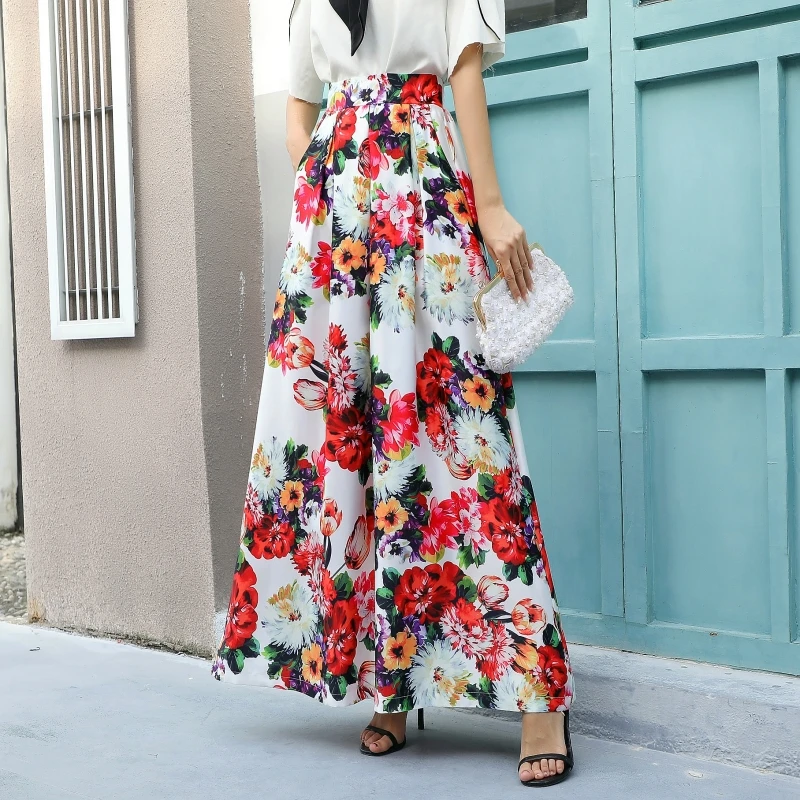 

2021 Pring Fashion Maxi Stain Skirts Elastic Stretch Waist Floral Skirt Summer Womens Ankle-Length Empire Casual Pleated Skirt
