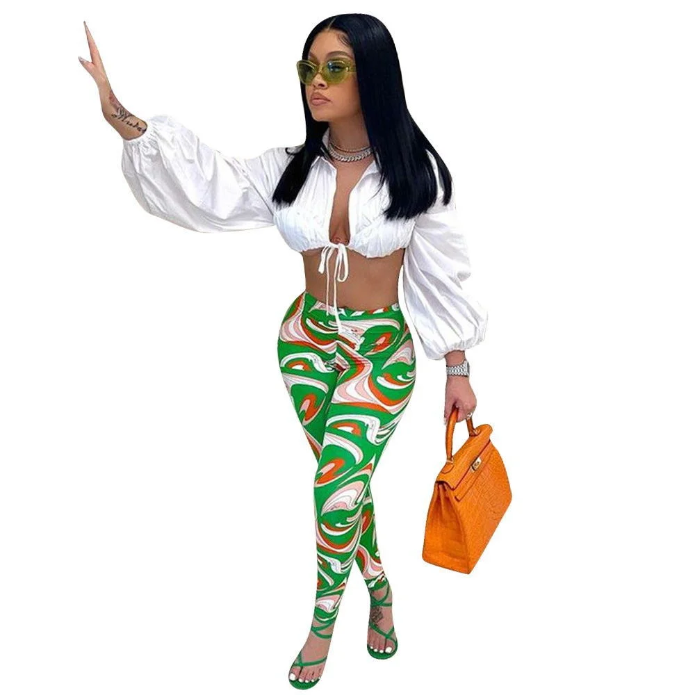 

Zoctuo Pant And Shirt Set For Women Tracksuit Womens Pants Sets Lace Up Cardigan Lantern Sleeve Crop Tops Legging Trousers Suits