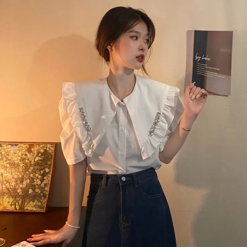 

Sweet Style Button Up Shirt Camisas Mujer Peter Pan Collar Ruffles Chiffon Woman Shirts Summer New Arrival Korean Clothing White
