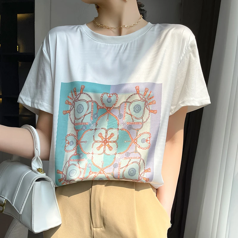 Новая Летняя шелковая атласная футболка с коротким рукавом принтом тутового