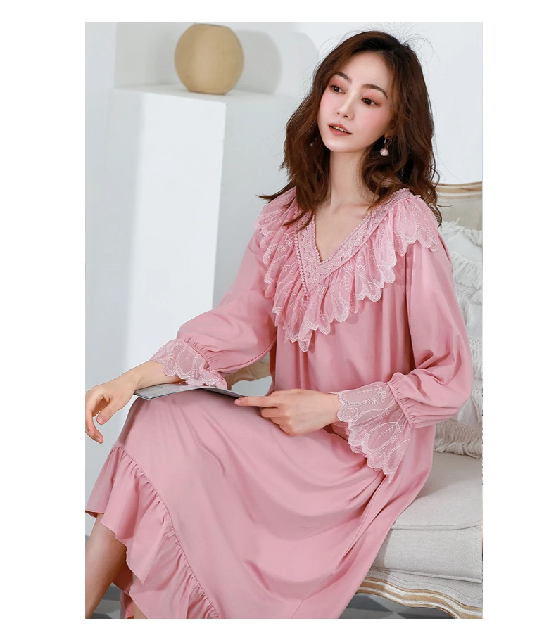 

Princess Style Nightdress Women Spring/Autumn New Cotton Round Neck Long Sleeves Nightgown Loose Court Style Sleepwear 3 Colors