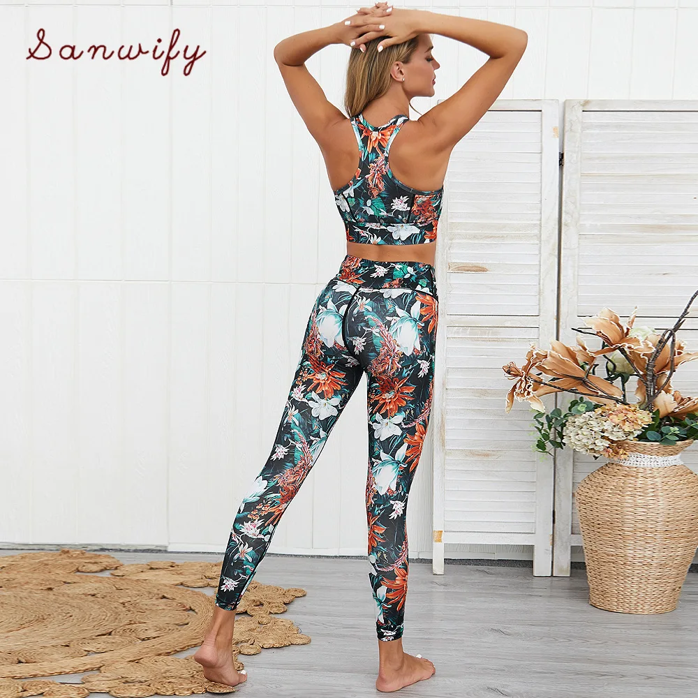 

2 Piece Set Women Yoga Set Gym Clothing Floral Workout Set Fitness Women Sport Suit Jogging Workout Clothes For Women Sportswear