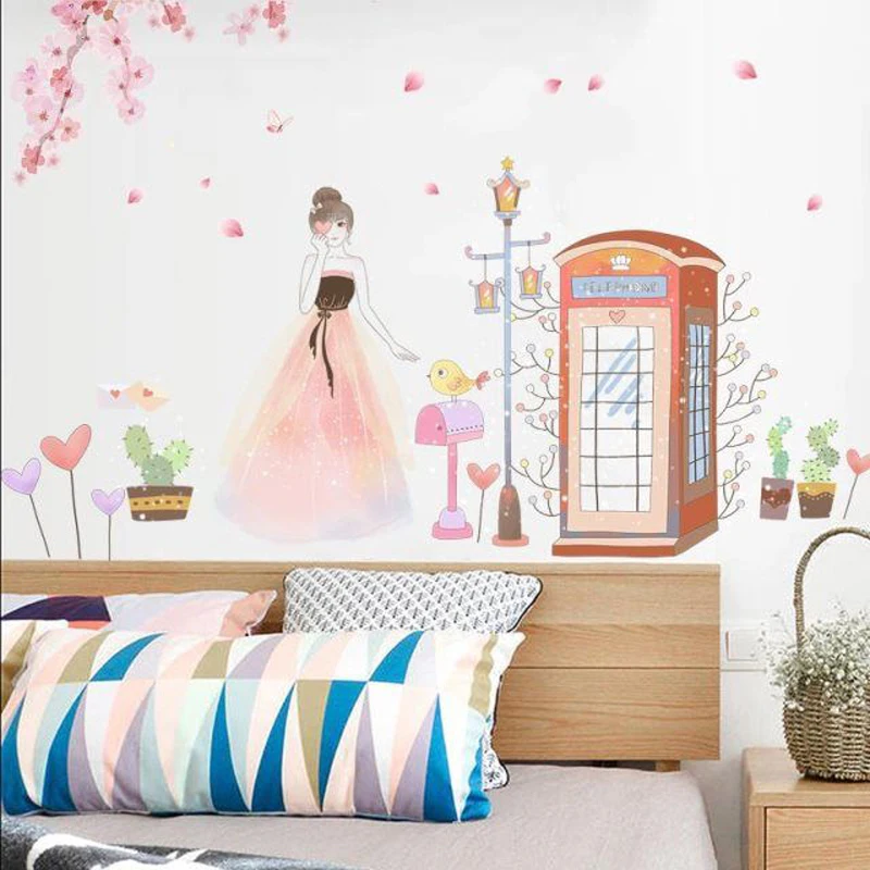 

Pink Girl And Flowers Home Decor Sofa Background Wall Art Sticker Poster For Living Room Wallpaper Home Decoration Accessories