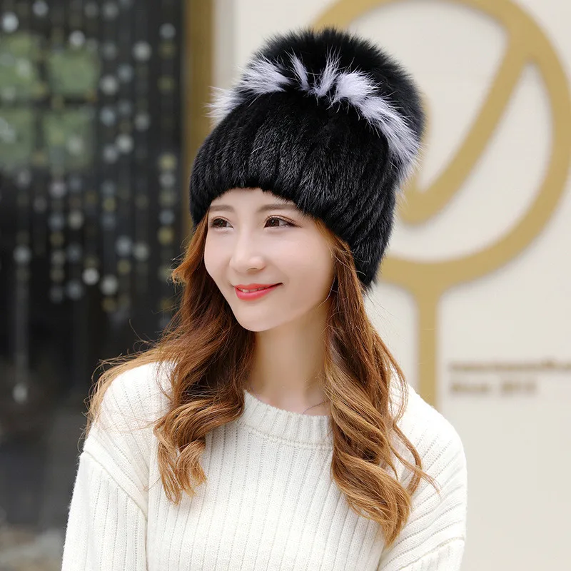 Winter Hat In Mink And Fox For Women Vertical Knit Beanie With Fur On Top Fashionable Accessory Special Offer