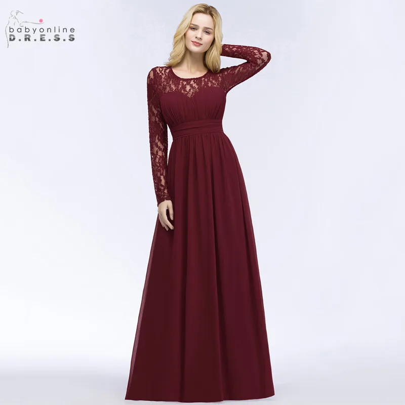 Женское длинное платье подружки невесты элегантное бордовое кружевное с длинным