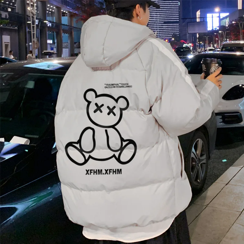 Korean Fashion Bear Print Hooded Cotton Jacket Men's Autumn and Winter Thickening and Velvet Bread Jacket Winter Clothes