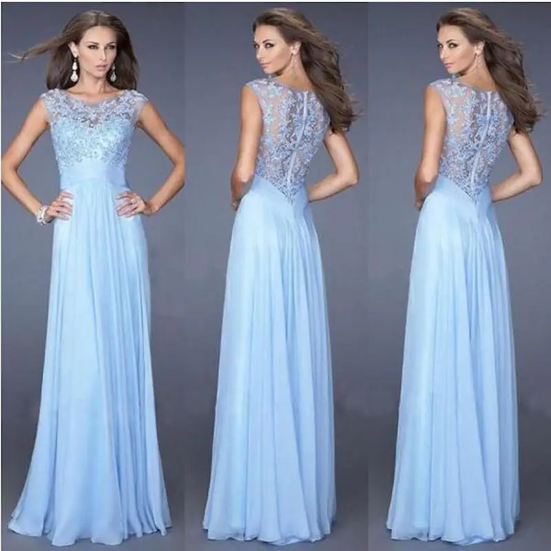 Сексуальное Тонкое кружевное платье светло голубой шифон с молнией сзади