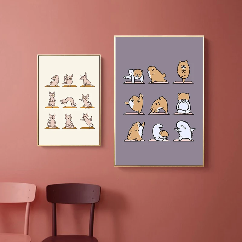 Милые животные Йога действия стены искусства холст живопись собака кошка