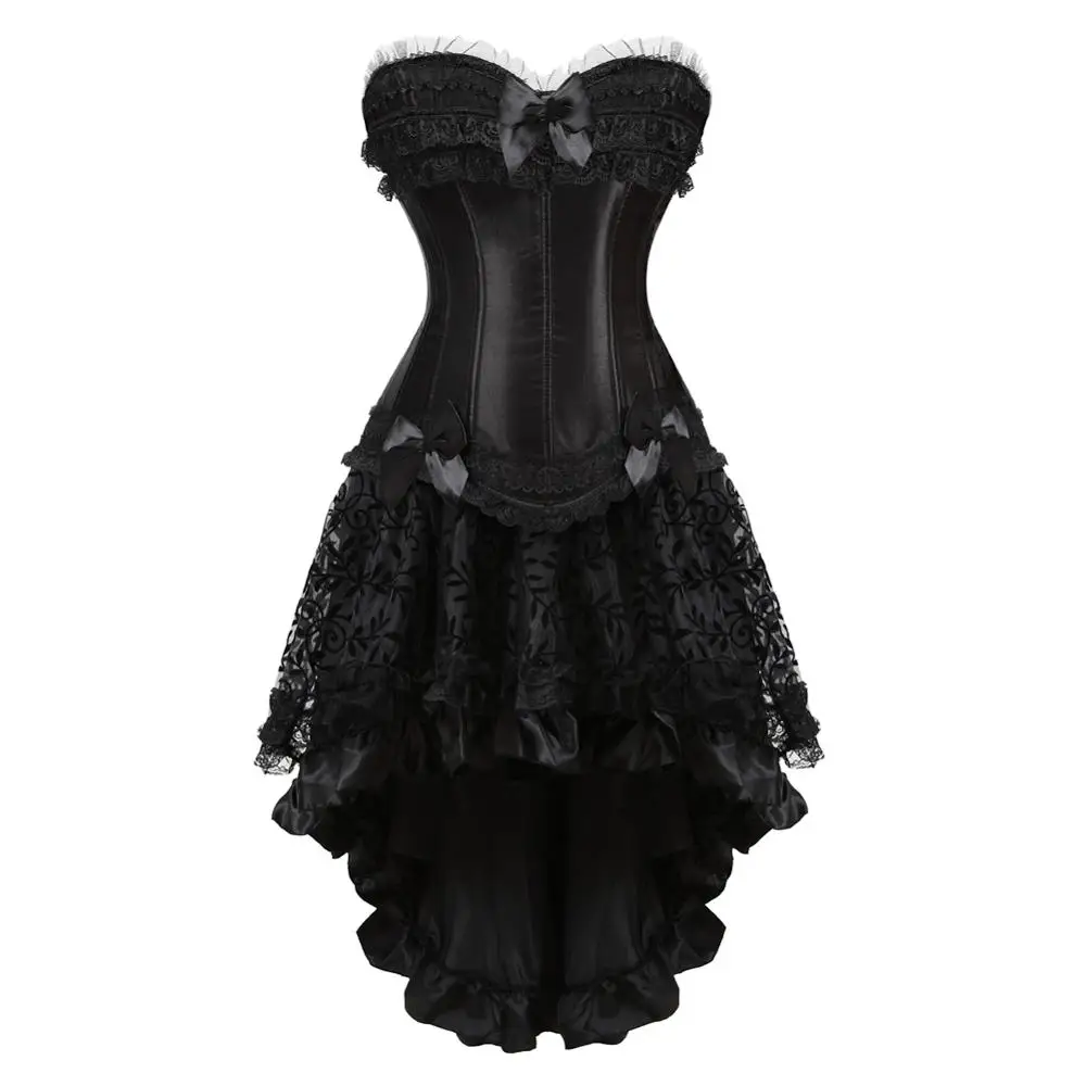 

Gothic Corset Skirt for Women Corselet Steampunk Lace Trim Zip Bustier Dress Carnival Party Club Night Costumes Satin Plus Size