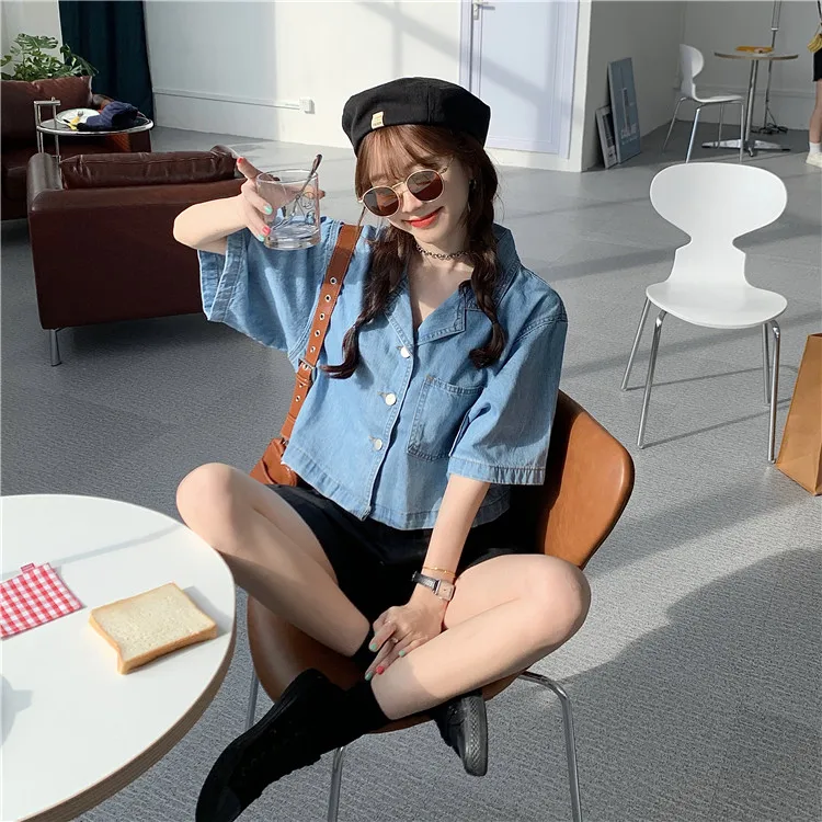 

Casual Loose Korean Clothing Thin Short Denim Shirt Camisas Mujer Blusas Femininas Elegante Denim Women Blouse ladies tops 324i