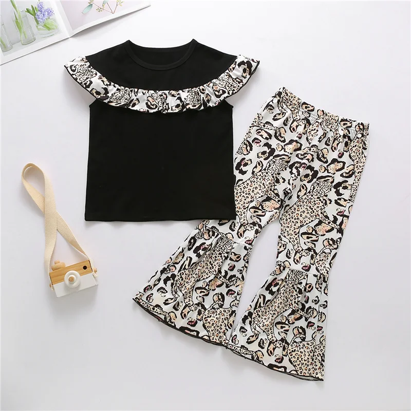 

2pcs Little Girls Short-sleeved and Trousers Clothes Sets,Children Girls Summer Stitching T-shirt and Leopard Trumpet Long Pants