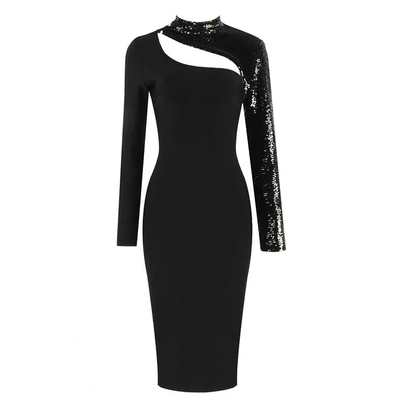 

Wholesale 2020 woman's dress Black beige Sequin long sleeve Stylish Christmas celebrity boutique cocktail party bandage dress