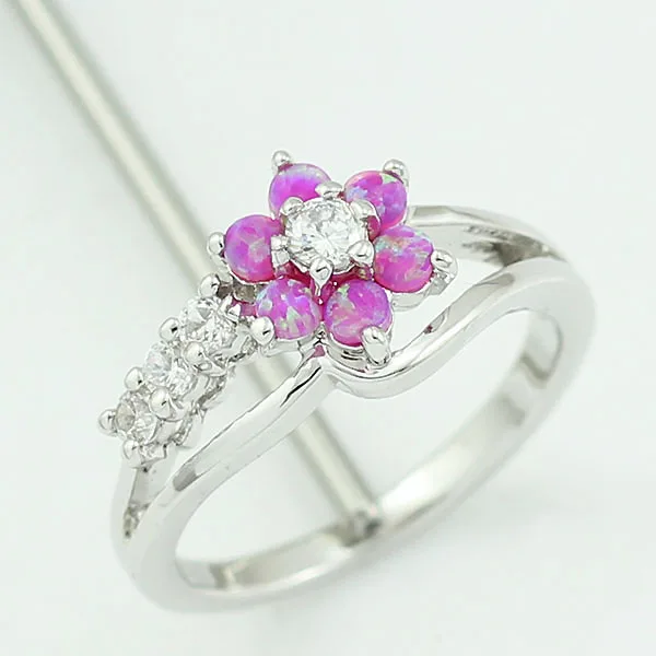 

Blue/Pink/White Fire Opal Flower Shaped Silver Plated Rings for Women 11W