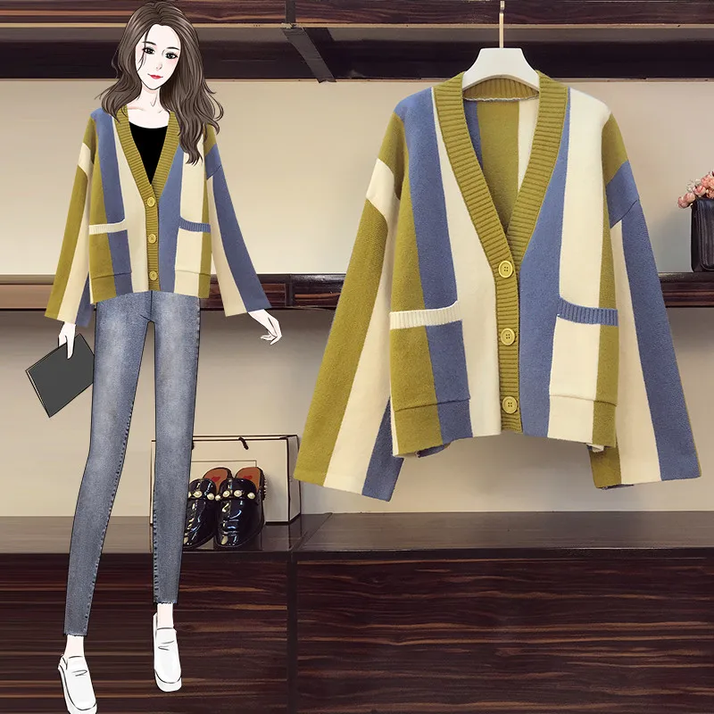 

Women Sweaters Coats 2020 Winter Striped Knitted Cardigans Colorful Sweater Plus Size Streetwear Korean Ropa Mujer Jumper W058