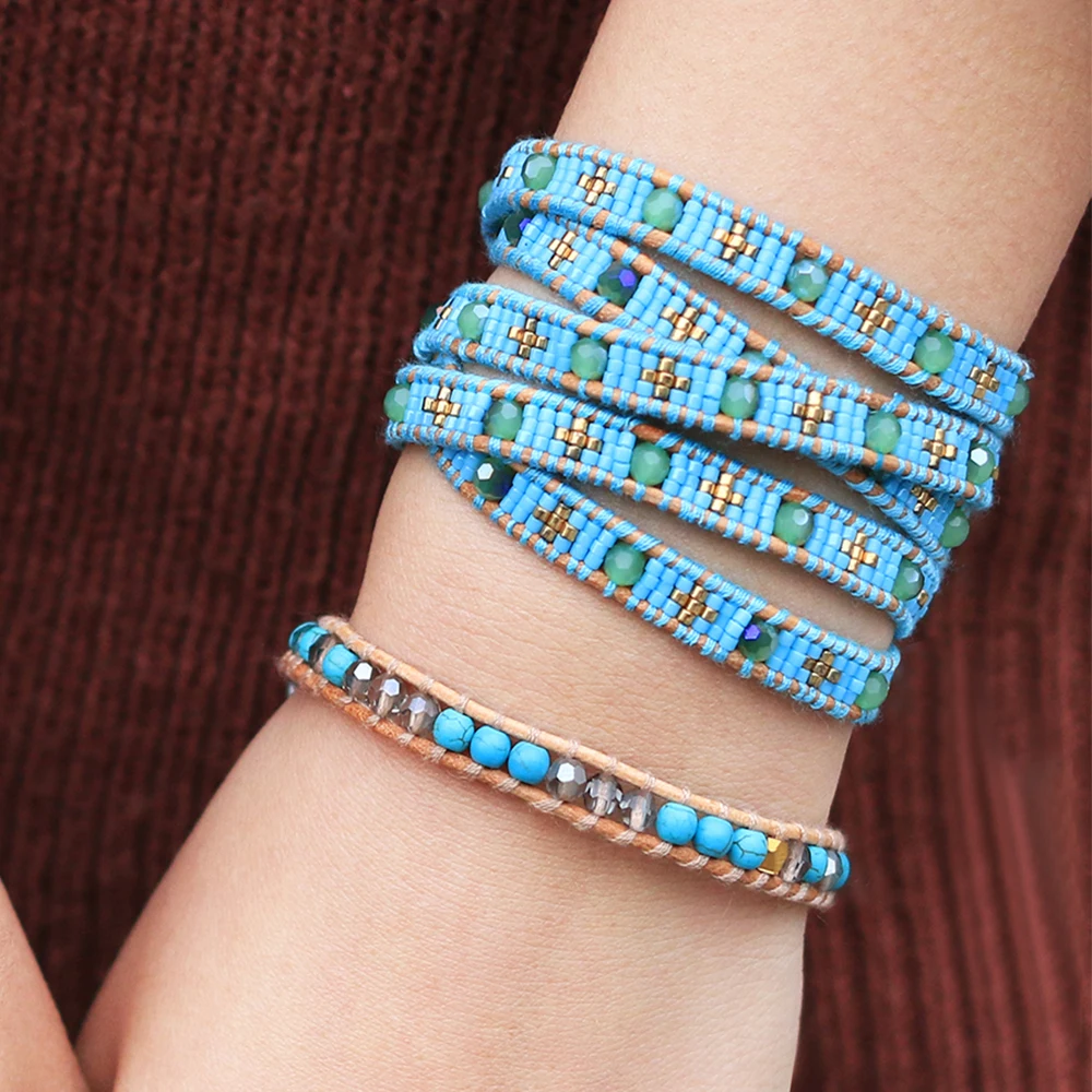 Кожаные браслеты с блестящими бусинами kelich многослойные ручной работы в