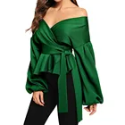 Женская Офисная однотонная блузка с открытыми плечами и рукавами-фонариками, зеленая Элегантная блузка с баской, осенняя рабочая одежда, Женские топы и блузки # B