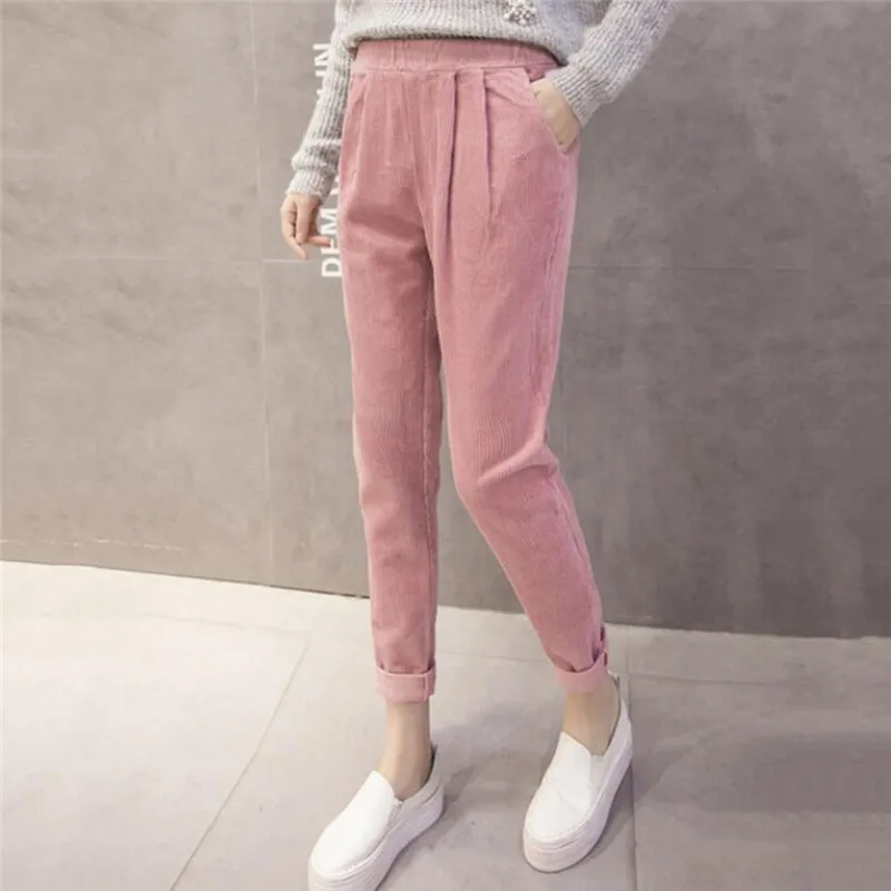 

Women Corduroy Harem Pants Solid High Wait Loose Casual Ankle-Length Pants Autumn New Elastic Waist Korean Version Pants