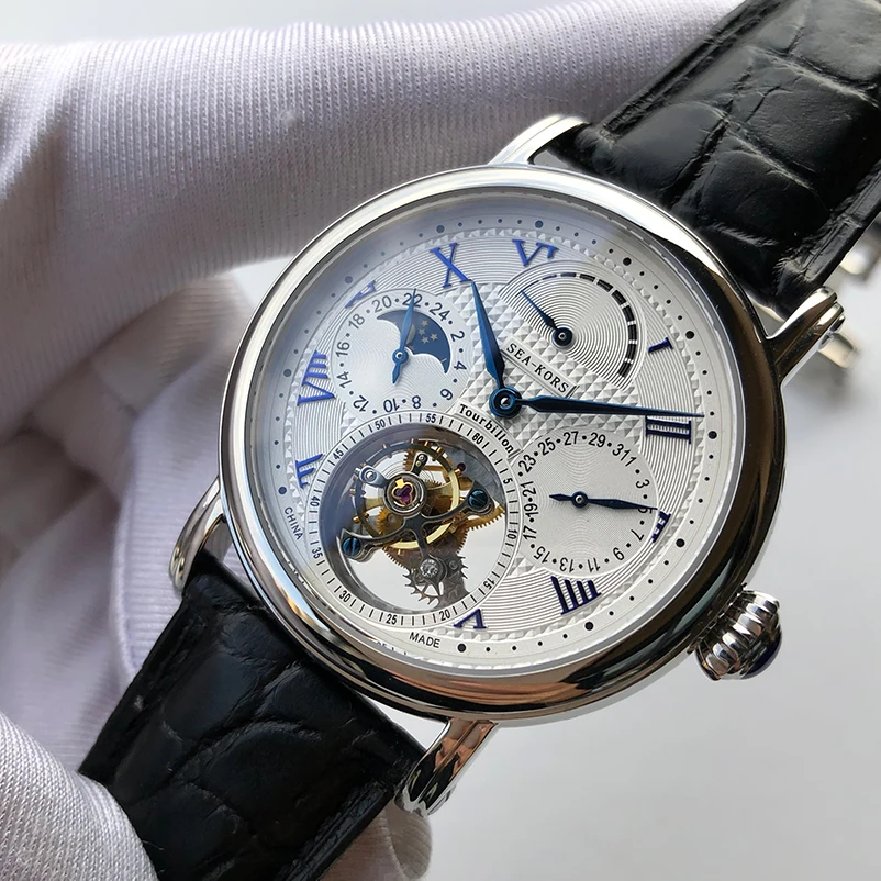 Мужские часы Seakors seagull tourbillon movement ST8007 многофункциональные moonphase skeleton wristwatche sapphire