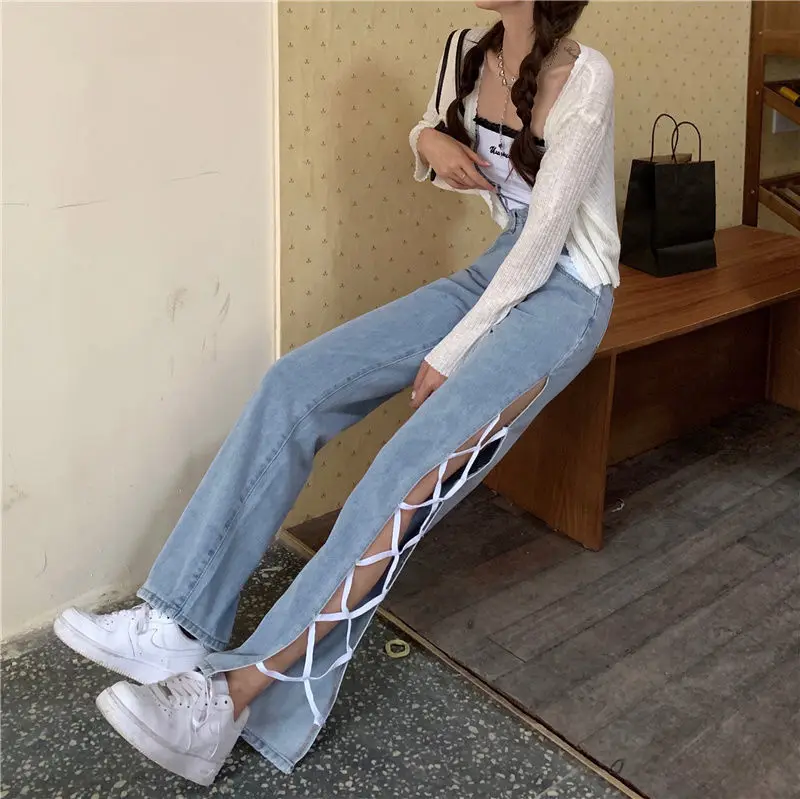 

Donsignet New Fashion Side Slits Irregular High Waist Straps Jeans Feminino Loose and Thin Hot Sale Jeans for Woman Jeans Mujer