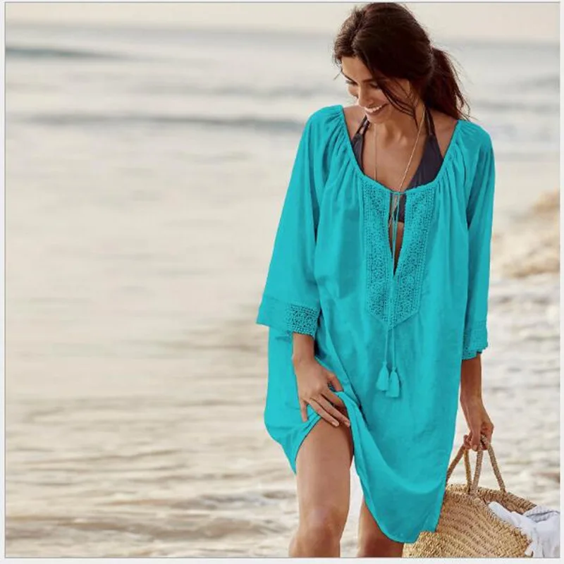 

Long European and American Rayon plus Size Loose Beachwear Bikini Blouse Sun Protection Clothing