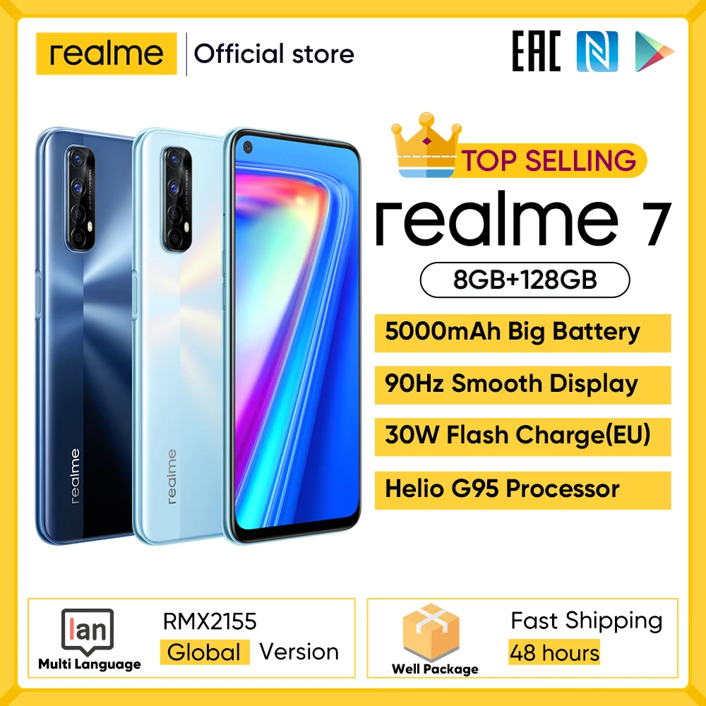 aliexpress - Realme 7 Global Version Cell Phones Unlocked 30W Fast Charge Smartphone 8GB RAM 128GB ROM Mobile Phones Helio G95 Gaming Phone