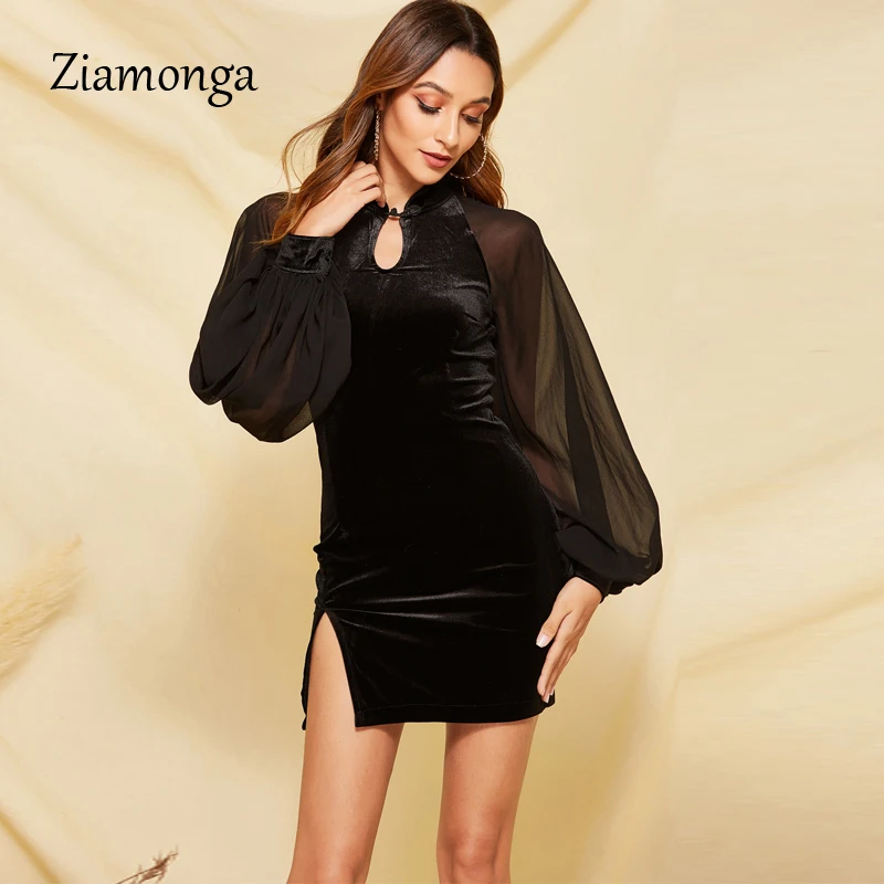 Ziamonga 2019 весеннее зимнее бархатное платье для женщин с рукавом фонариком