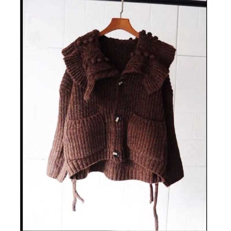 Осенне-зимний вязаный свитер кардиган женский милый с большим отложным