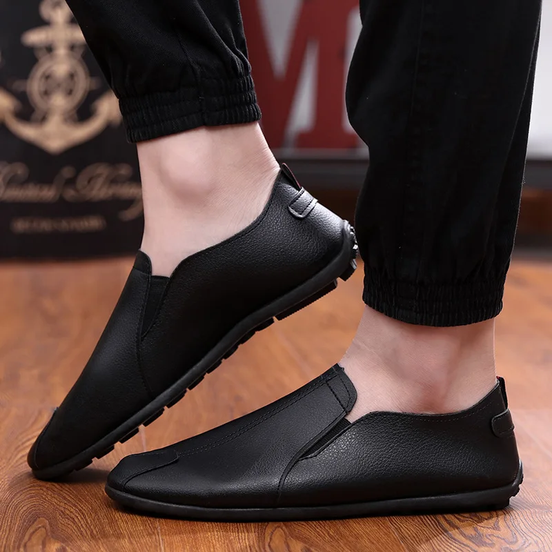 Мужские кожаные туфли повседневные лоферы на плоской резиновой подошве