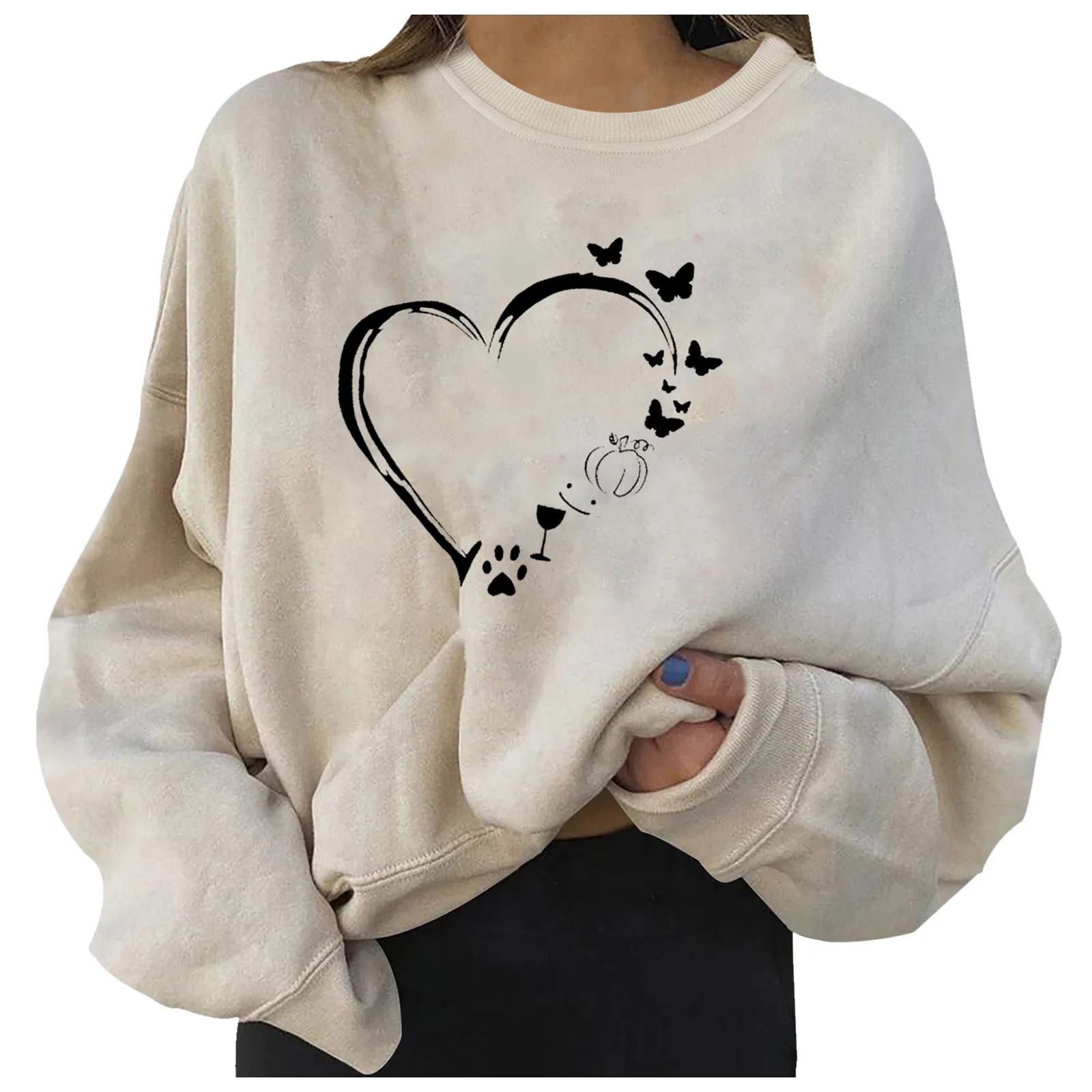 

Female Sweatshirts Casual O-neck Long Sleeve Womens Pullovers Fashion Heart Printed Loose Pullover Tops moletom feminino#A