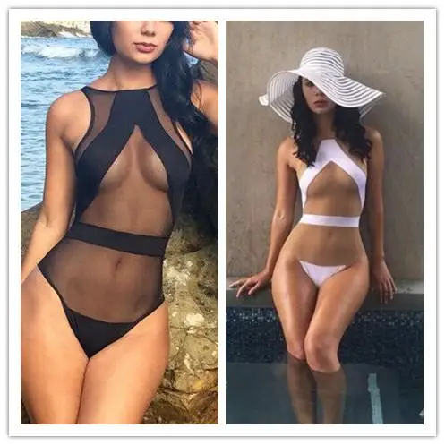 

Newest Black And White One-Piece Swimwear Sexy Mesh Bikini Vintage Bathing Suit Swimsuit S M L Free Shipping