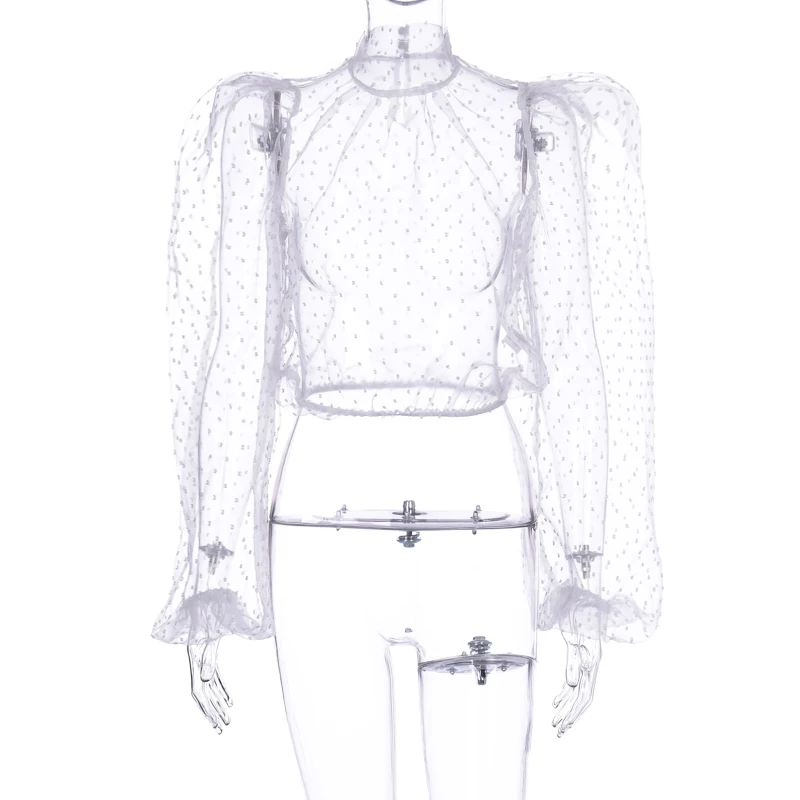

SEASONS Mesh Polka Dot Lantern Long Sleeve Turtleneck Elegant Sheer Blouse Transparent Women Shirt Crop Top 2020 ASBL80352