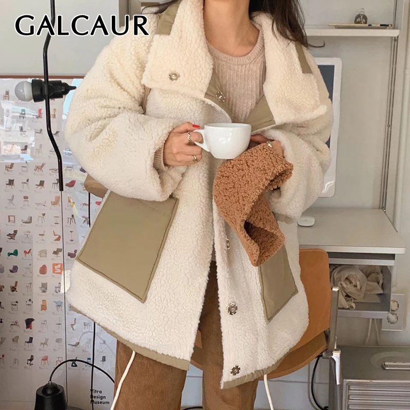 

Куртка GALCAUR женская с отложным воротником, модная винтажная в стиле пэчворк, с длинным рукавом, с цветными блоками, зимняя одежда, 2021
