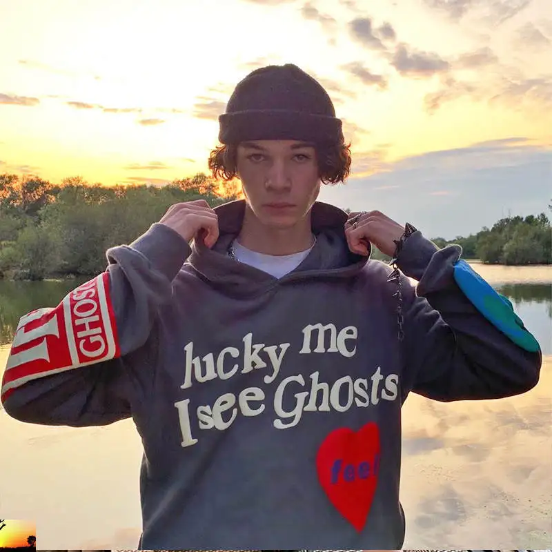 

Толстовка Kanye West с надписью «See Ghost» для мужчин и женщин, свитшот с надписью «Lucky Me I See Ghost», уличная одежда в стиле хип-хоп