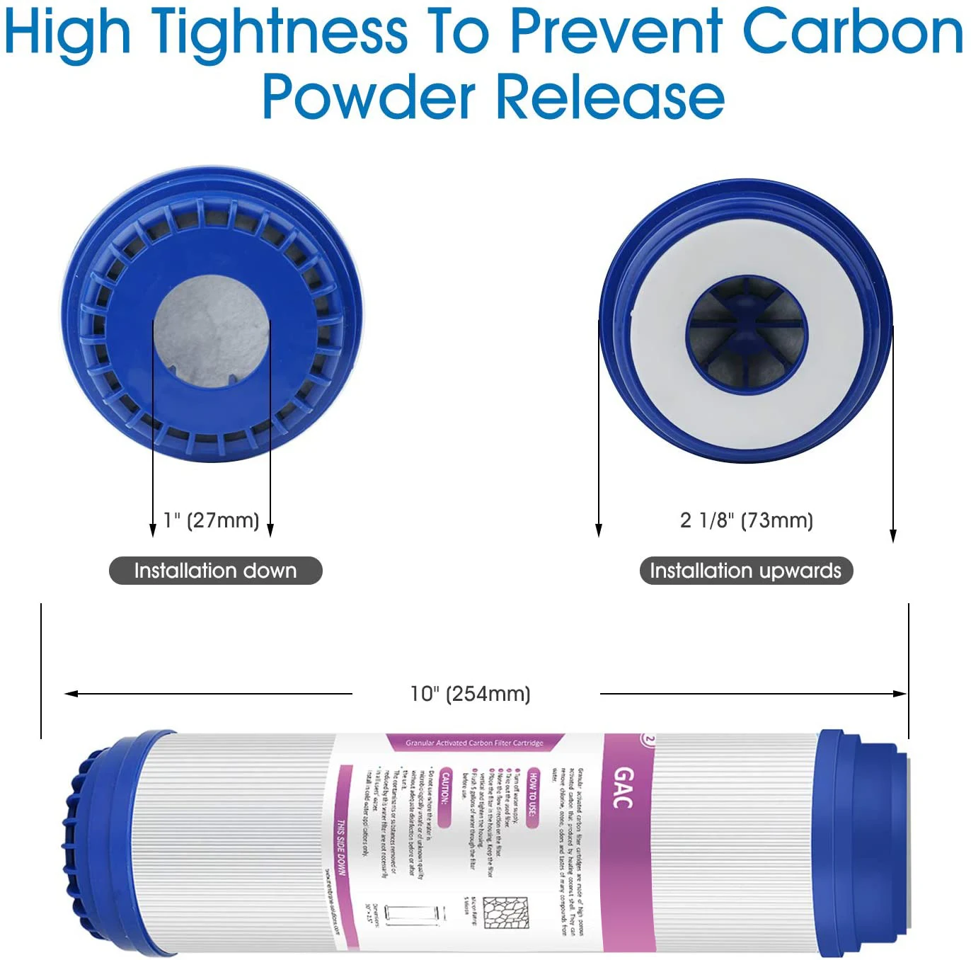 Фильтр для воды с гранулированным активированным углем и заменой осадков GAC размером 10" x 2.5" для установки под мойкой и обратного осмоса.