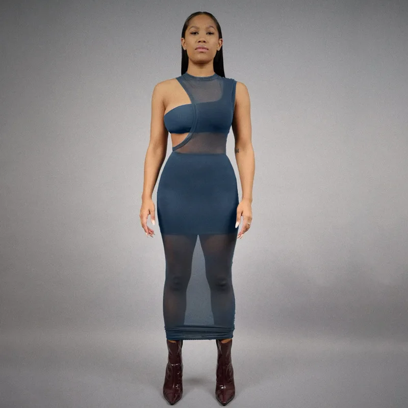 

Mesh Three Piece Set Sexy Summer See Through Bodycon Suits Women Clothing 2021 Outfit Club Skinny Sleeveless Long Dress Suits