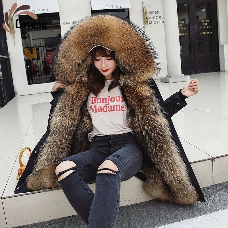 

Новинка 2021, зимняя женская парка из лисьего меха, енота, съемный плотный женский мех енота, длинная куртка оверсайз