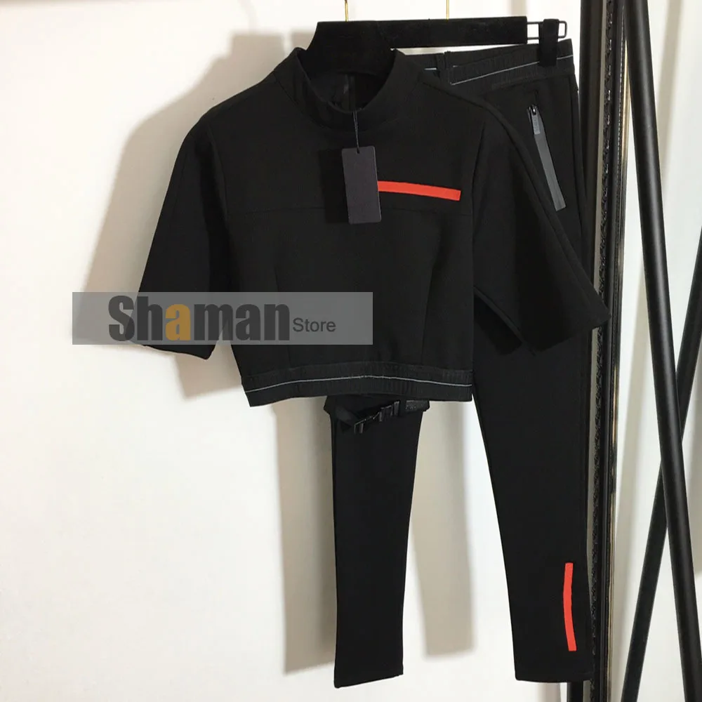 Luxury designer 2 two piece set outfits for women high end clothes 2021 spring summer branded pants ans crop short sleeve top