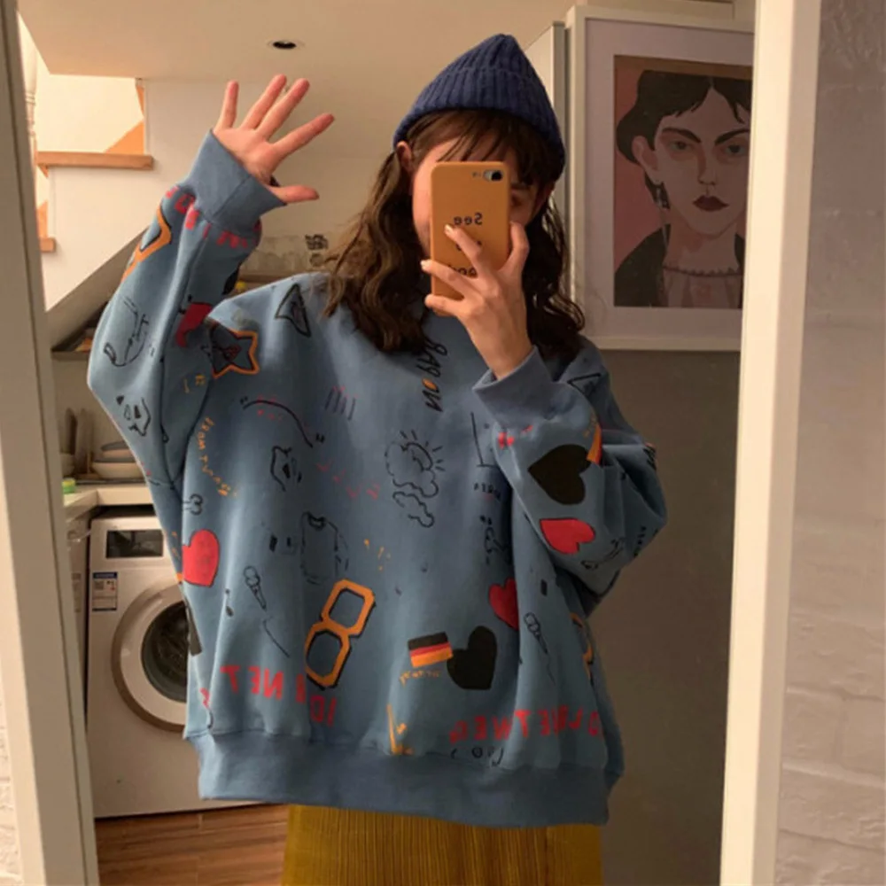 2021 Spring Womens Clothes Hoodies Teen Street Harajuku Hip Hop Pastel Sweatshirt for Women Printing Loose Leisure Hoodie | Женская