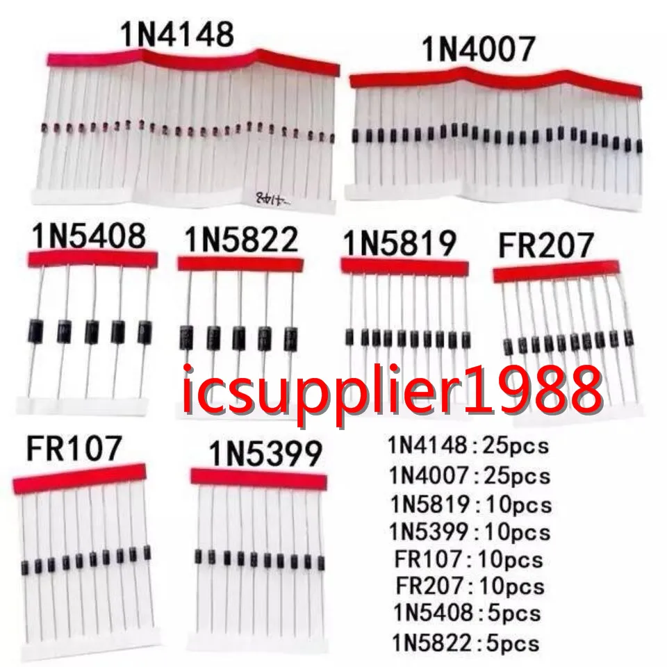 1N4148 1N4007 1N5819 1N5399 1N5408 1N5822 FR107 FR207 8 значений = 100 шт пакет с электронными компонентами