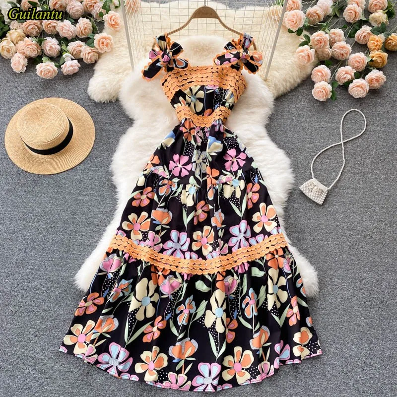 

Spring Summer Print Floral Vintage Dress Women Sleeveless Spaghetti Strap Backless Long Dress Elegant Evening Party Robe Dresses